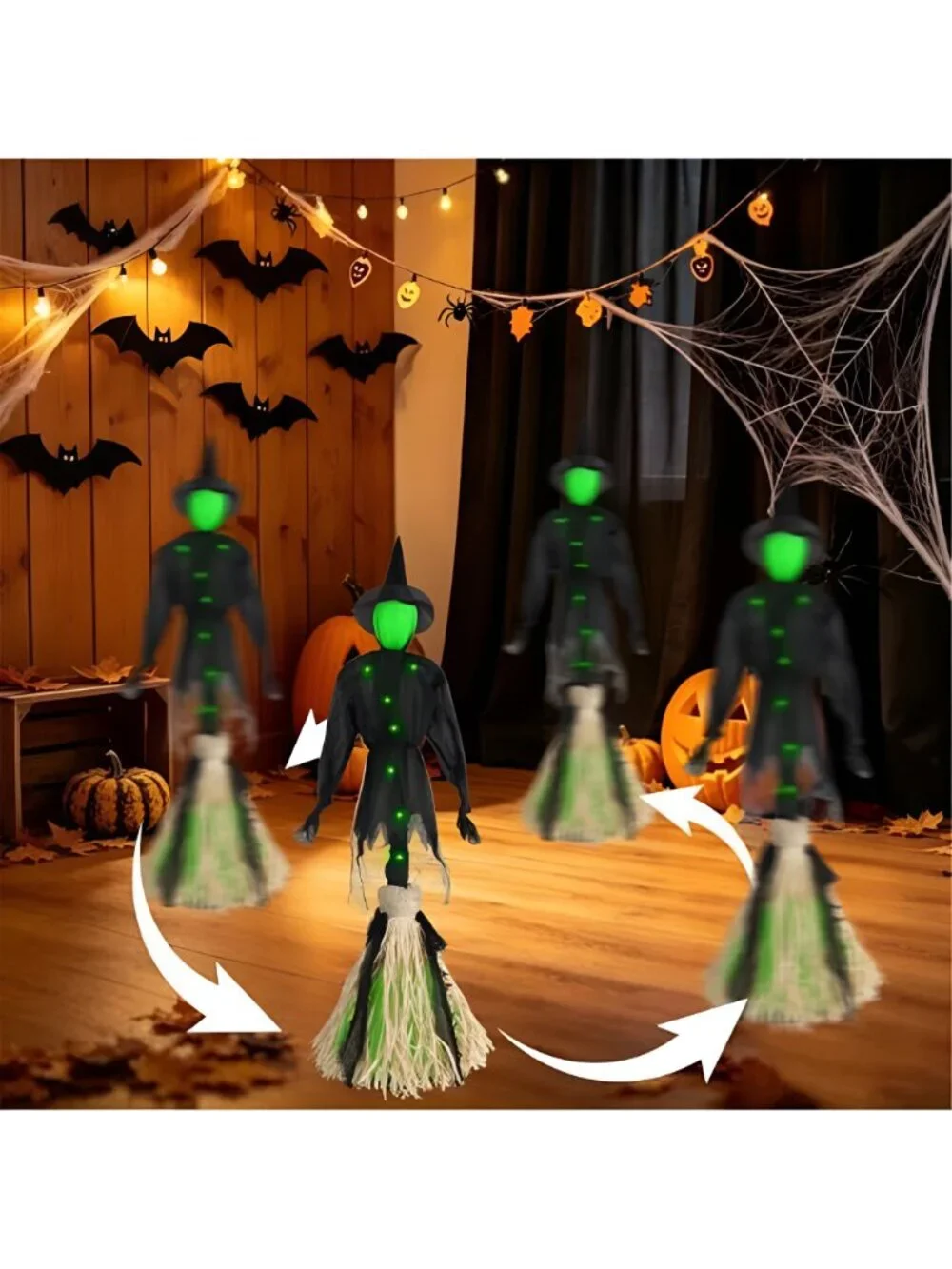 Electric Witch Broom, LED Witch Decoration, Voice and Touch Activated, Magical
